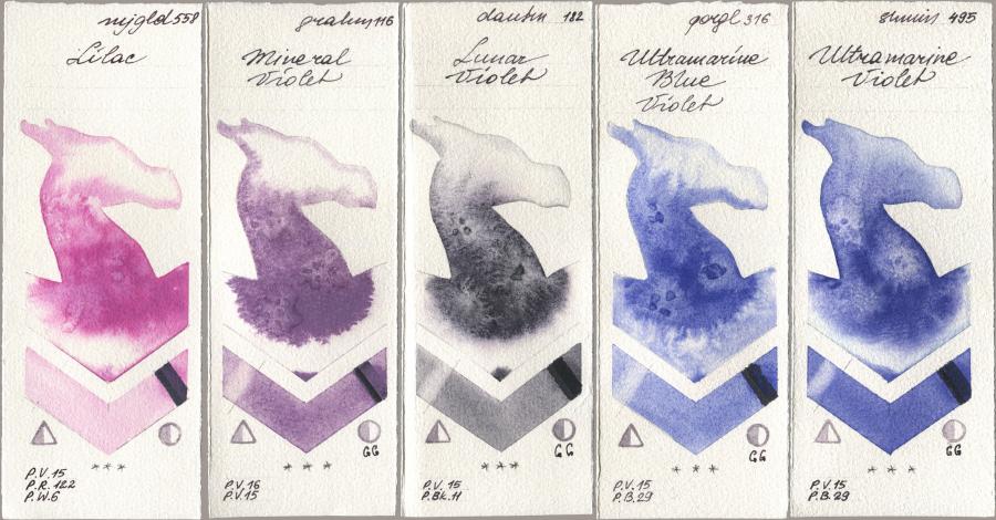 Mijello Mission Gold 558 Lilac, M. Graham & Co. Artists 116 Mineral Violet, Daniel Smith 182 Lunar Violet, Golden QOR 316 Ultramarine Blue Violet, Shminke Horadam Aquarell 495 Ultramarine Viol watercolor swatch