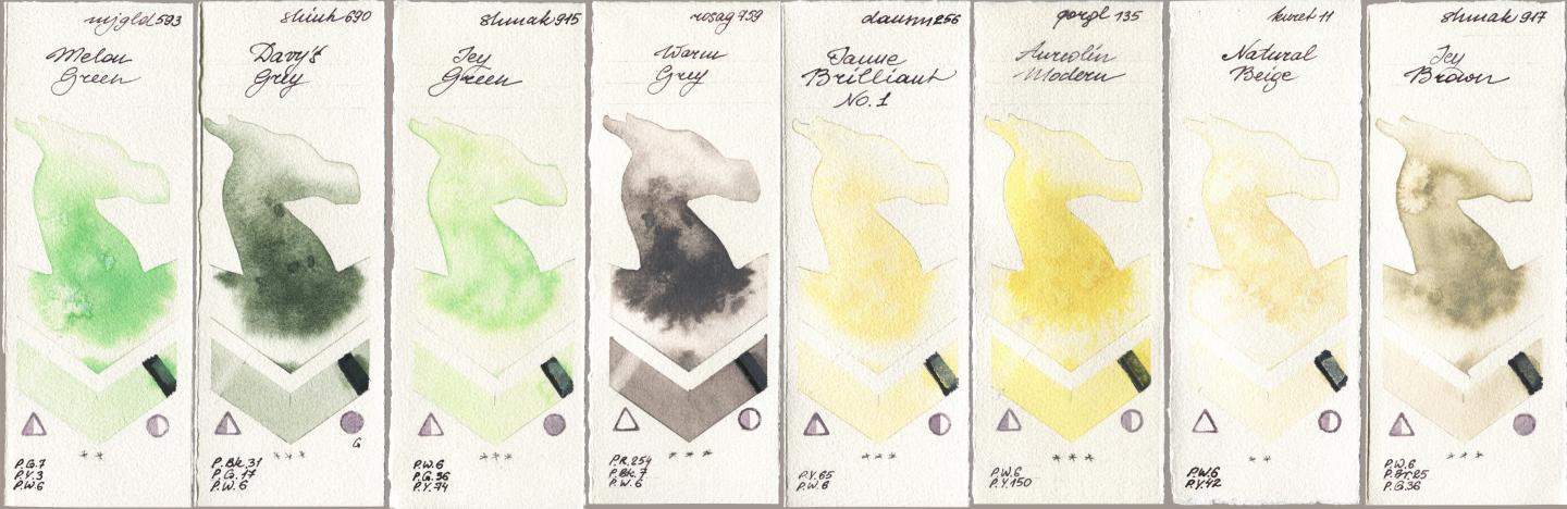 Mijello Mission Gold 593 Melon Green, Shinhan PWC 690 Davys Grey, Shminke Akademie Aquarell 915 Icy Green, Rosa Gallery 759 Warm Grey, Daniel Smith 256 Jaune Brilliant No 1, Golden QOR 135 Aureolin Modern, Kuretake Gansai Tambi 011 Natural Beige, 917 Icy Bro watercolor swatch