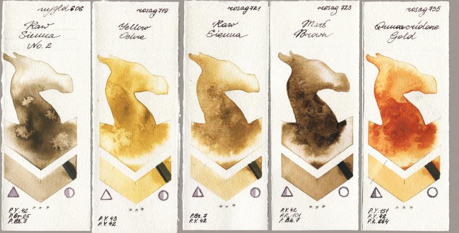 Mijello Mission Gold 606 Raw Sienna No 2 vs Rosa Gallery 719 Yellow Ochre vs 721 Raw Sienna vs 723 Mars Brown vs 735 Quinacridone Gold watercolor swatch