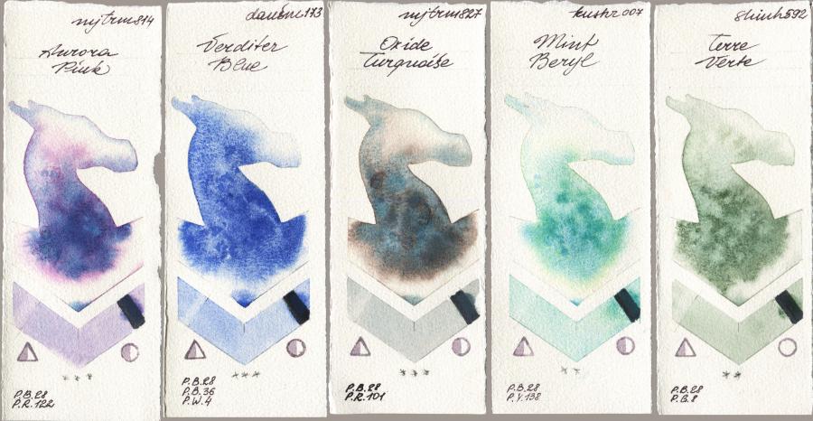 Mijello Mission Gold 814 Aurora Pink vs Daniel Smith 173 Verditer Blue vs 827 Oxide Turquoise vs Kusakabe 007 Mint Beryl vs Shinhan PWC 592 Terre Verte watercolor swatch