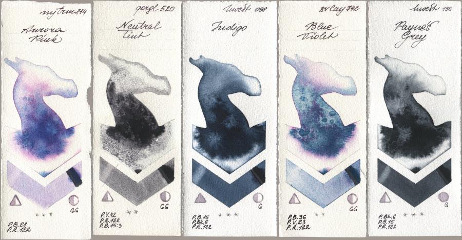 Mijello Mission Gold 814 Aurora Pink, Golden QOR 520 Neutral Tint, Holbein Artists Watercolor 098 Indigo, SuperVision 742 Blue Violet, 156 Paynes Gr watercolor swatch
