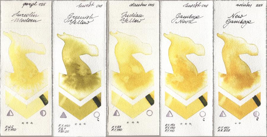 Golden QOR 135 Aureolin Modern, Holbein Artists Watercolor 046 Greenish Yellow, Daniel Smith 045 Indian Yellow, 048 Gamboge Nova, Winsor & Newton Professional 267 New Gambo watercolor swatch