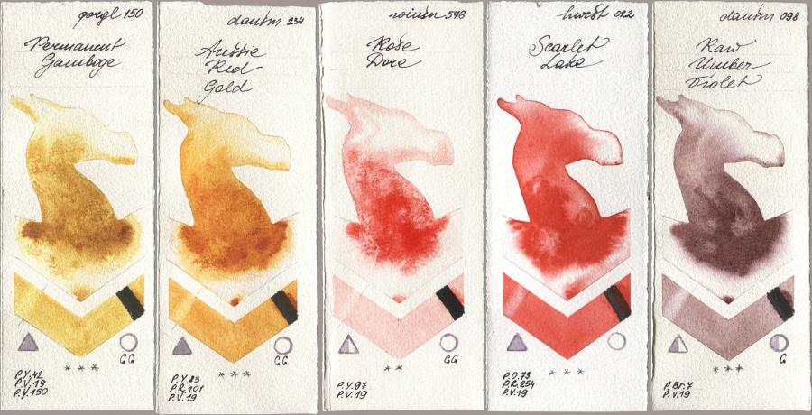Golden QOR 150 Permanent Gamboge, Daniel Smith 234 Aussie Red Gold, Winsor & Newton Professional 576 Rose Dore, Holbein Artists Watercolor 022 Scarlet Lake, 098 Raw Umber Viol watercolor swatch