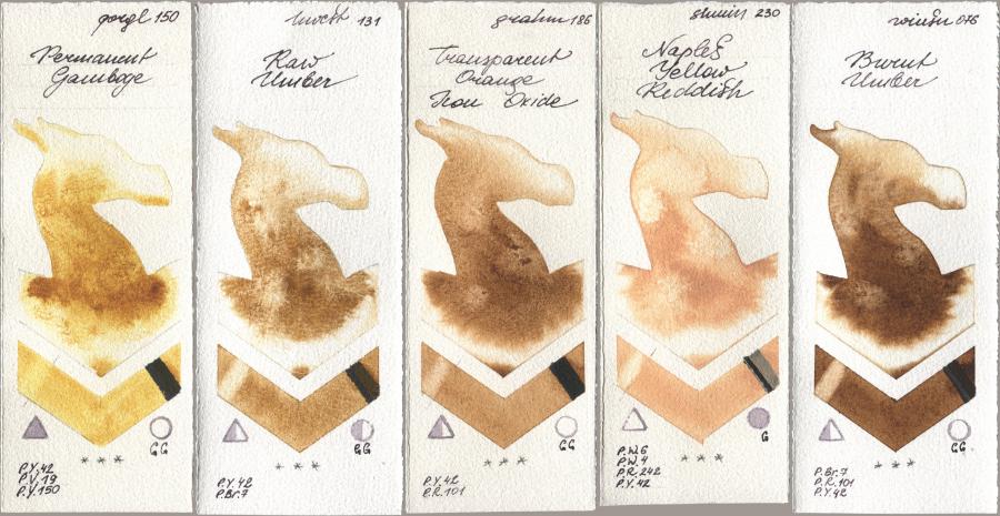 Golden QOR 150 Permanent Gamboge, Holbein Artists Watercolor 131 Raw Umber, M. Graham & Co. Artists 186 Transparent Orange Iron Oxide, Shminke Horadam Aquarell 230 Naples Yellow Reddish, Winsor & Newton Professional 076 Burnt Umb watercolor swatch