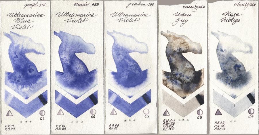 Golden QOR 316 Ultramarine Blue Violet, Shminke Horadam Aquarell 495 Ultramarine Violet, M. Graham & Co. Artists 193 Ultramarine Violet, Roman Szmal Aquarius 262 Urban Grey, 968 Haze Indi watercolor swatch