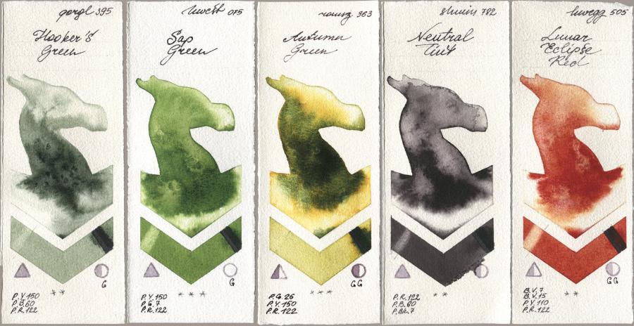 Golden QOR 395 Hookers Green, Holbein Artists Watercolor 075 Sap Green, Roman Szmal Aquarius 363 Autumn Green, Shminke Horadam Aquarell 782 Neutral Tint, 505 Lunar Eclipse R watercolor swatch