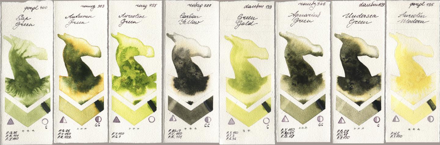 Golden QOR 400 Sap Green, Roman Szmal Aquarius 363 Autumn Green, Rosa Gallery 755 Aureoline Green, 788 Carbon Yellow, Daniel Smith 139 Green Gold, 346 Aquarius Green, 109 Undersea Green, 135 Aureolin Mode watercolor swatch