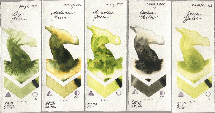 Golden QOR 400 Sap Green, Roman Szmal Aquarius 363 Autumn Green, Rosa Gallery 755 Aureoline Green, 788 Carbon Yellow, Daniel Smith 139 Green Go watercolor swatch