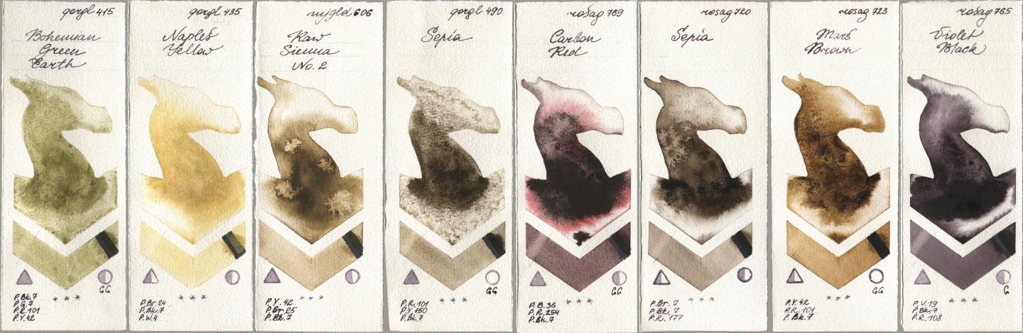 Golden QOR 415 Bohemian Green Earth, 435 Naples Yellow, Mijello Mission Gold 606 Raw Sienna No 2, 490 Sepia, Rosa Gallery 769 Carbon Red, 720 Sepia, 723 Mars Brown, 765 Violet Bla watercolor swatch