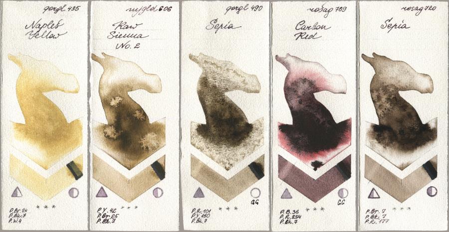 Golden QOR 435 Naples Yellow, Mijello Mission Gold 606 Raw Sienna No 2, 490 Sepia, Rosa Gallery 769 Carbon Red, 720 Sep watercolor swatch