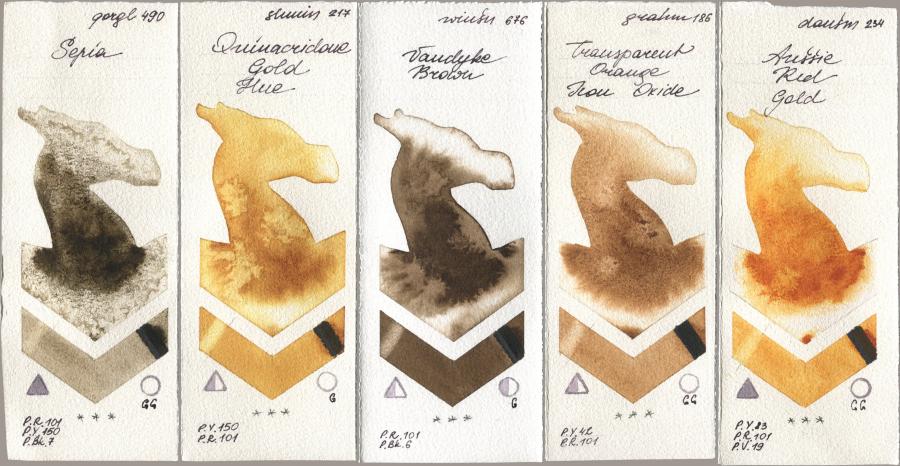 Golden QOR 490 Sepia, Shminke Horadam Aquarell 217 Quinacridone Gold Hue, Winsor & Newton Professional 676 Vandyke Brown, M. Graham & Co. Artists 186 Transparent Orange Iron Oxide, Daniel Smith 234 Aussie Red Go watercolor swatch