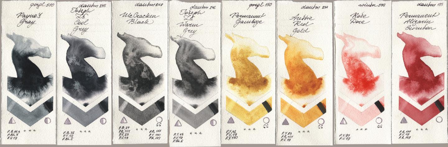 Golden QOR 510 Paynes Gray, Daniel Smith 245 Joseph Zs Cool Grey, 248 McCracken Black, 246 Joseph Zs Warm Grey, 150 Permanent Gamboge, 234 Aussie Red Gold, Winsor & Newton Professional 576 Rose Dore, 185 Permanent Alizarin Crims watercolor swatch