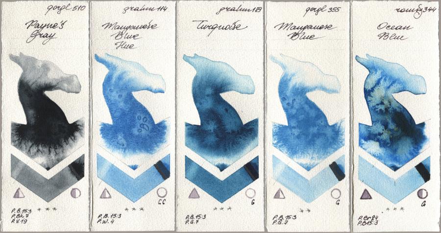 Golden QOR 510 Paynes Gray, M. Graham & Co. Artists 114 Manganese Blue Hue, 189 Turquoise, 355 Manganese Blue, Roman Szmal Aquarius 344 Ocean Bl watercolor swatch