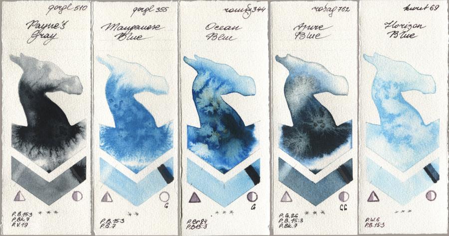Golden QOR 510 Paynes Gray, 355 Manganese Blue, Roman Szmal Aquarius 344 Ocean Blue, Rosa Gallery 762 Azure Blue, Kuretake Gansai Tambi 069 Horizon Bl watercolor swatch