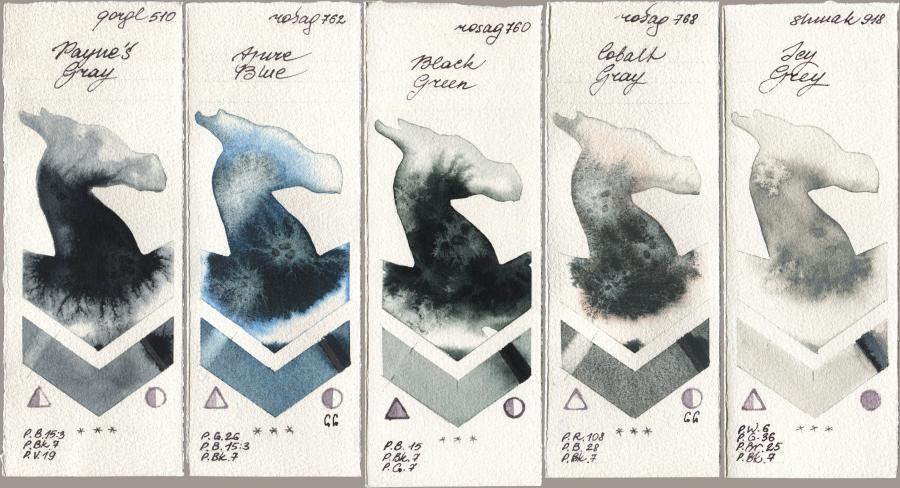 Golden QOR 510 Paynes Gray, Rosa Gallery 762 Azure Blue, 760 Black Green, 768 Cobalt Gray, Shminke Akademie Aquarell 918 Icy Gr watercolor swatch