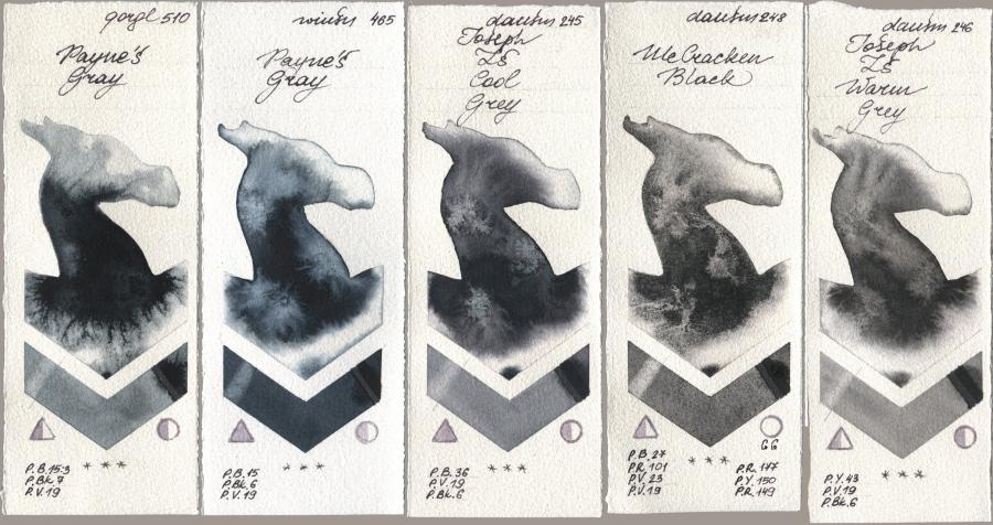 Golden QOR 510 Paynes Gray, Winsor & Newton Professional 465 Paynes Gray, Daniel Smith 245 Joseph Zs Cool Grey, 248 McCracken Black, 246 Joseph Zs Warm Gr watercolor swatch