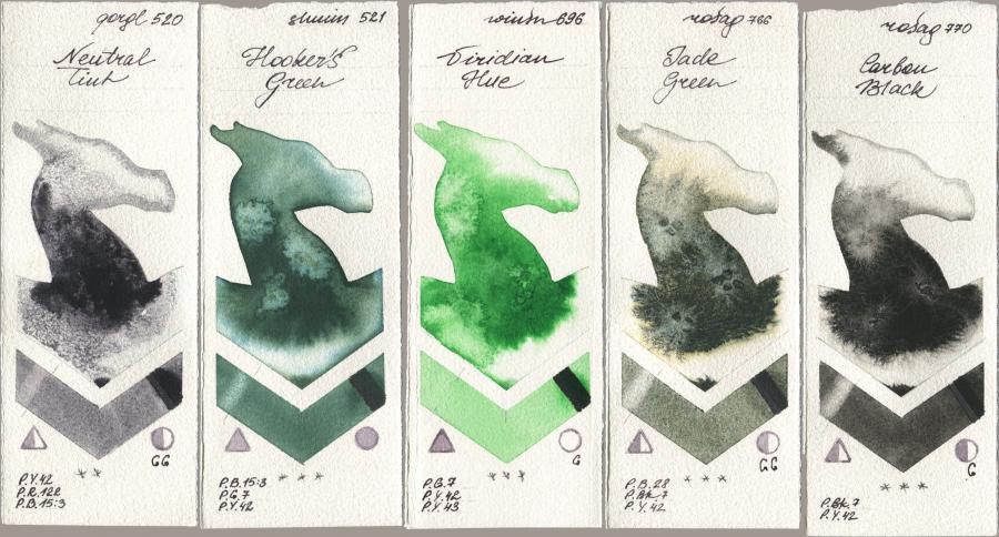 Golden QOR 520 Neutral Tint, Shminke Horadam Aquarell 521 Hookers Green, Winsor & Newton Professional 696 Viridian Hue, Rosa Gallery 766 Jade Green, 770 Carbon Bla watercolor swatch