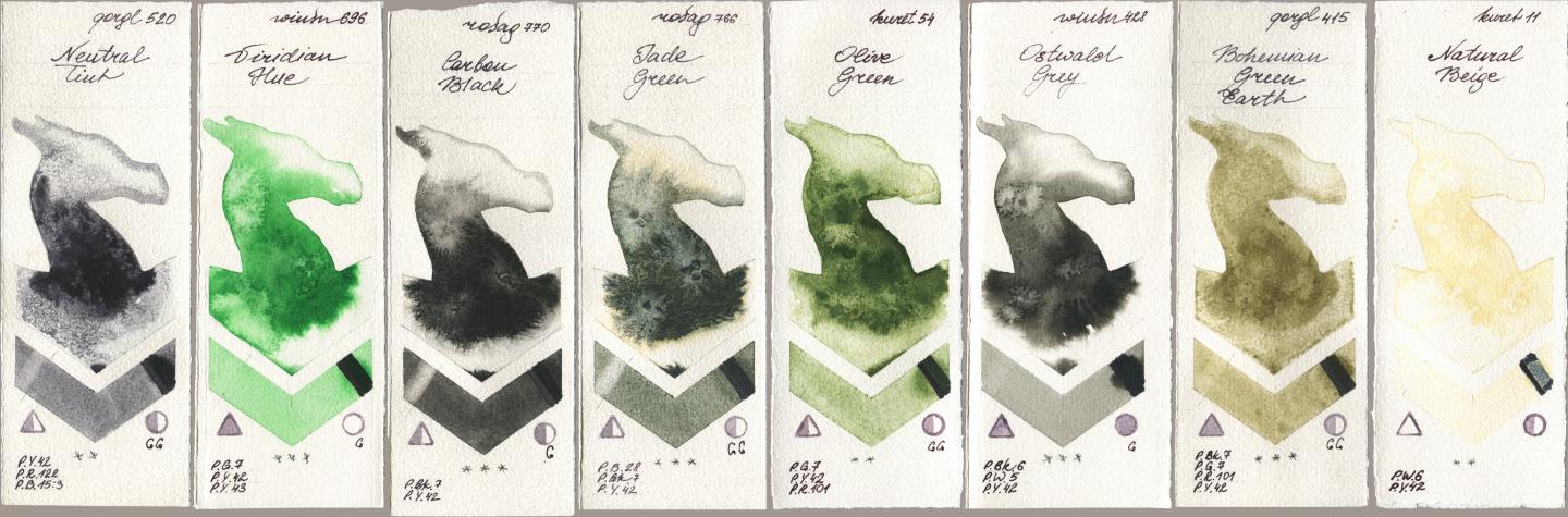 Golden QOR 520 Neutral Tint, Winsor & Newton Professional 696 Viridian Hue, Rosa Gallery 770 Carbon Black, 766 Jade Green, Kuretake Gansai Tambi 054 Olive Green, 428 Ostwald Grey, 415 Bohemian Green Earth, 011 Natural Bei watercolor swatch