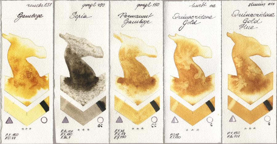 Royal Talens Rembrandt Watercolour 238 Gamboge, Golden QOR 490 Sepia, 150 Permanent Gamboge, Holbein Artists Watercolor 142 Quinacridone Gold, Shminke Horadam Aquarell 217 Quinacridone Gold H watercolor swatch