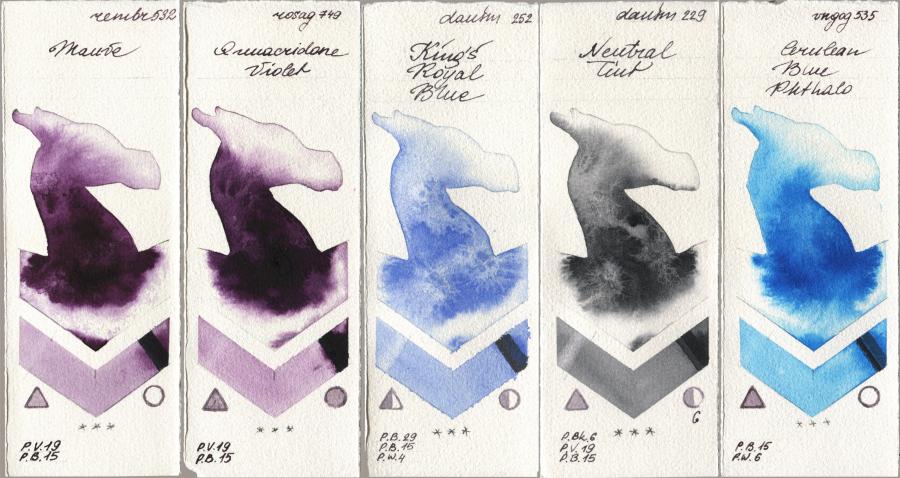 Royal Talens Rembrandt Watercolour 532 Mauve, Rosa Gallery 749 Quinacridone Violet, Daniel Smith 252 King’s Royal Blue, 229 Neutral Tint, Royal Talens Van Gogh Watercolour 535 Cerulean Blue Phtha watercolor swatch