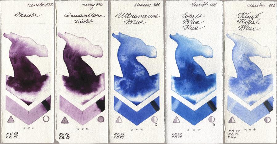 Royal Talens Rembrandt Watercolour 532 Mauve, Rosa Gallery 749 Quinacridone Violet, Shminke Horadam Aquarell 496 Ultramarine Blue, Holbein Artists Watercolor 091 Cobalt Blue Hue, Daniel Smith 252 King’s Royal Bl watercolor swatch