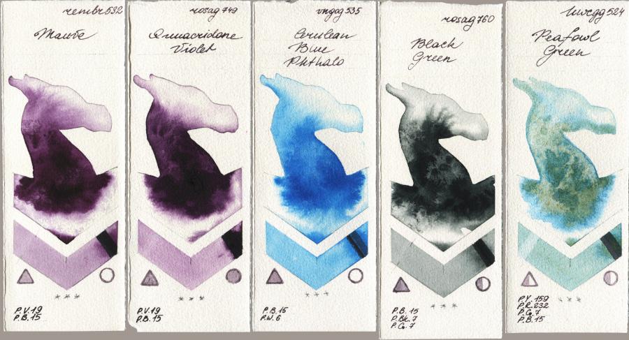 Royal Talens Rembrandt Watercolour 532 Mauve vs Rosa Gallery 749 Quinacridone Violet vs Royal Talens Van Gogh Watercolour 535 Cerulean Blue Phthalo vs 760 Black Green vs Holbein Artists Watercolor 524 Peafowl Green watercolor swatch