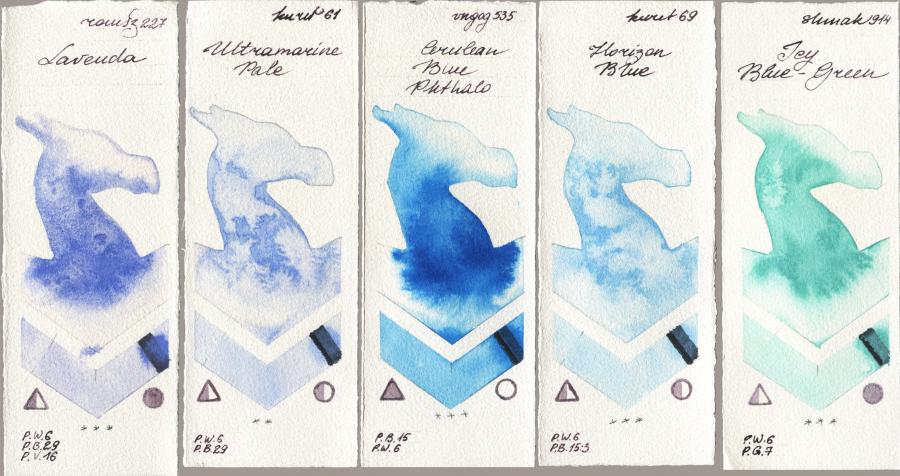Roman Szmal Aquarius 227 Lavenda vs Kuretake Gansai Tambi 061 Ultramatire Pale vs Royal Talens Van Gogh Watercolour 535 Cerulean Blue Phthalo vs 069 Horizon Blue vs Shminke Akademie Aquarell 914 Icy Blue-Green watercolor swatch