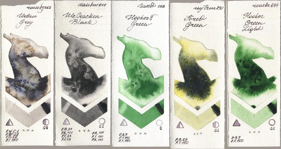 Roman Szmal Aquarius 262 Urban Grey, Daniel Smith 248 McCracken Black, Holbein Artists Watercolor 062 Hookers Green, Mijello Mission Gold 830 Forest Green, Royal Talens Rembrandt Watercolour 644 Hooker Green Lig watercolor swatch