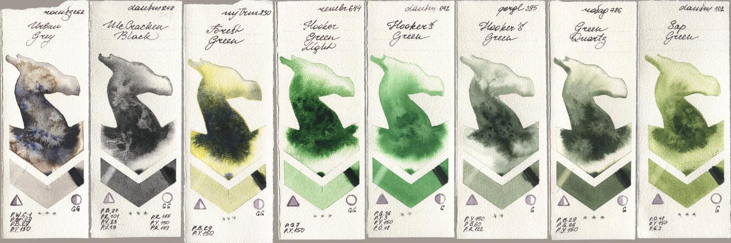 Roman Szmal Aquarius 262 Urban Grey, Daniel Smith 248 McCracken Black, Mijello Mission Gold 830 Forest Green, Royal Talens Rembrandt Watercolour 644 Hooker Green Light, 042 Hookers Green, Golden QOR 395 Hookers Green, Rosa Gallery 786 Green Quartz, 102 Sap Gre watercolor swatch