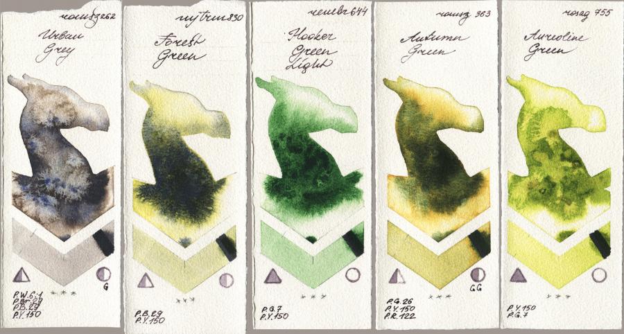 Roman Szmal Aquarius 262 Urban Grey vs Mijello Mission Gold 830 Forest Green vs Royal Talens Rembrandt Watercolour 644 Hooker Green Light vs 363 Autumn Green vs Rosa Gallery 755 Aureoline Green watercolor swatch