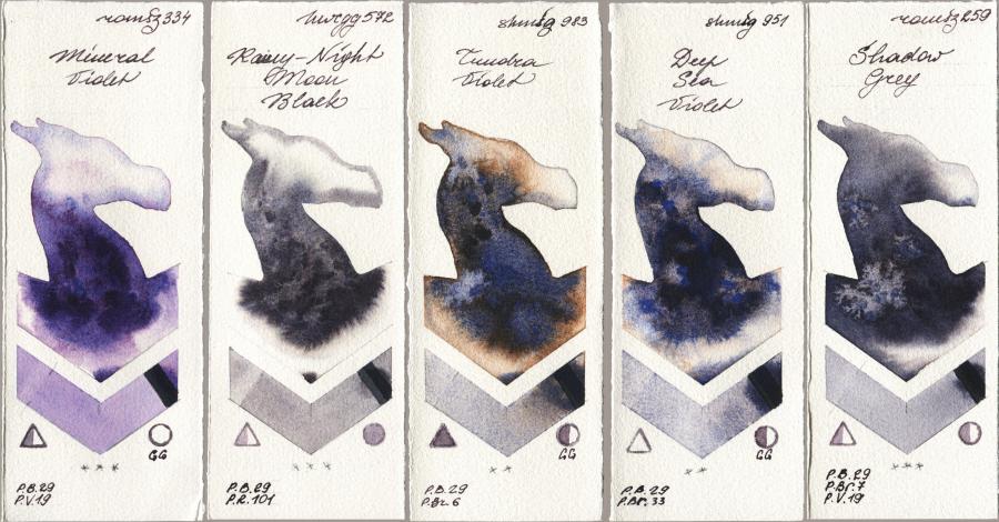 Roman Szmal Aquarius 334 Mineral Violet vs Holbein Artists Watercolor 572 Rainy-Night Moon Back vs Shminke Horadam Aquarell 983 Tundra Violet vs 951 Deep Sea Violet vs 259 Shadow Grey watercolor swatch
