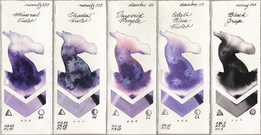 Roman Szmal Aquarius 334 Mineral Violet, 336 Shadow Violet, Daniel Smith 174 Imperial Purple, 115 Cobalt Blue Violet, Rosa Gallery 747 Black Gra watercolor swatch