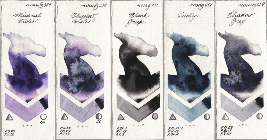 Roman Szmal Aquarius 334 Mineral Violet vs 336 Shadow Violet vs Rosa Gallery 747 Black Grape vs 717 Indigo vs 259 Shadow Grey watercolor swatch