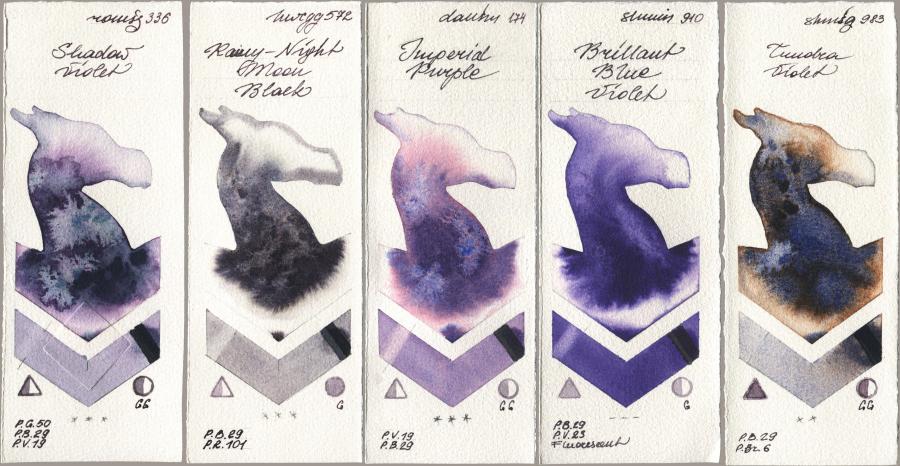 Roman Szmal Aquarius 336 Shadow Violet, Holbein Artists Watercolor 572 Rainy-Night Moon Back, Daniel Smith 174 Imperial Purple, Shminke Horadam Aquarell 910 Brilliant Blue Violet, 983 Tundra Viol watercolor swatch