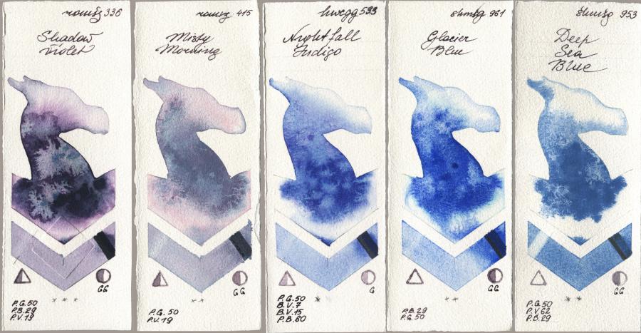 Roman Szmal Aquarius 336 Shadow Violet, 415 Misty Morning, Holbein Artists Watercolor 533 Nightfall Indigo, Shminke Horadam Aquarell 961 Glacier Blue, 953 Deep Sea Bl watercolor swatch