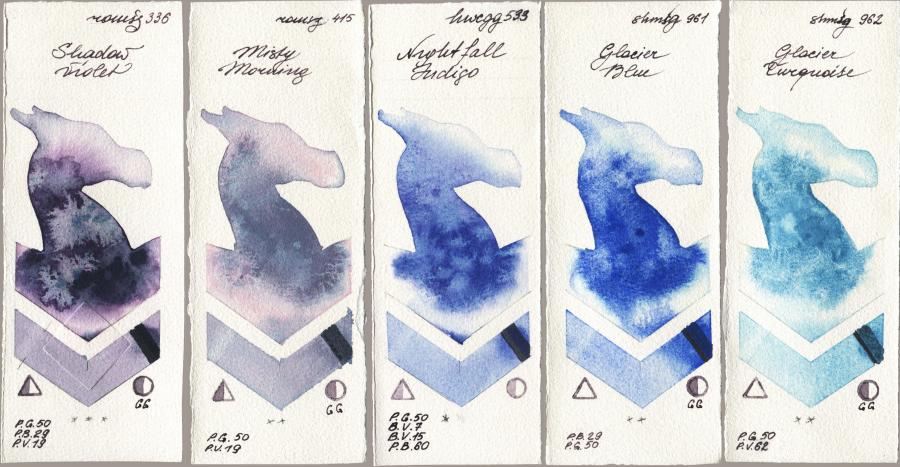 Roman Szmal Aquarius 336 Shadow Violet vs 415 Misty Morning vs Holbein Artists Watercolor 533 Nightfall Indigo vs Shminke Horadam Aquarell 961 Glacier Blue vs 962 Glacier Turquoise watercolor swatch