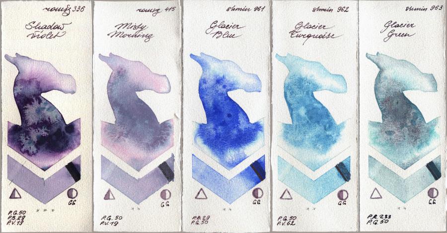 Roman Szmal Aquarius 336 Shadow Violet vs 415 Misty Morning vs Shminke Horadam Aquarell 961 Glacier Blue vs 962 Glacier Turquoise vs 963 Glacier Green watercolor swatch