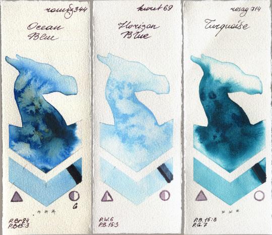 Roman Szmal Aquarius 344 Ocean Blue vs Kuretake Gansai Tambi 69 Horizon Blue vs Rosa Gallery 714 Turquiose watercolor swatch