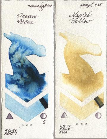 Roman Szmal Aquarius 344 Ocean Blue, Golden QOR 435 Naples Yell watercolor swatch