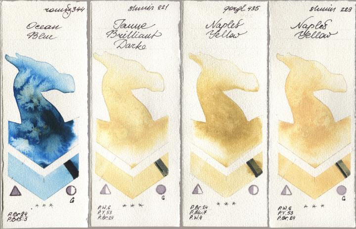 Roman Szmal Aquarius 344 Ocean Blue, Shminke Horadam Aquarell 221 Brilliant Yellow Dark (Jaune Brilliant Dark), Golden QOR 435 Naples Yellow, 229 Naples Yell watercolor swatch