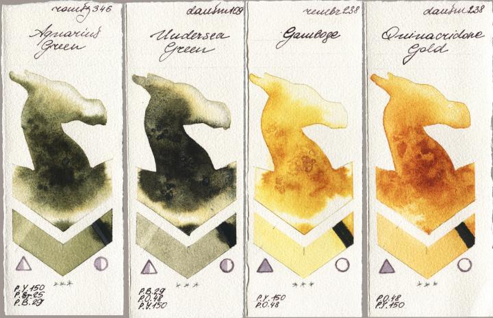 Roman Szmal Aquarius 346 Aquarius Green vs Daniel Smith 109 Undersea Green vs Royal Talens Rembrandt Watercolour 238 Gamboge vs 238 Quinacridone Gold watercolor swatch