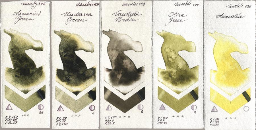 Roman Szmal Aquarius 346 Aquarius Green, Daniel Smith 109 Undersea Green, Shminke Horadam Aquarell 669 Vandyke Brown, Holbein Artists Watercolor 074 Olive Green, 039 Aureol watercolor swatch