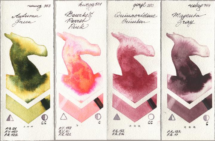 Roman Szmal Aquarius 363 Autumn Green, Holbein Artists Watercolor 501 Bourkes Parrot Pink, Golden QOR 260 Quinacridone Crimson, Rosa Gallery 764 Magenta Gr watercolor swatch