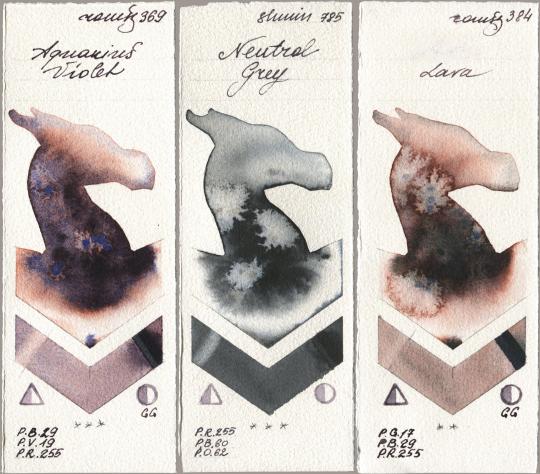 Roman Szmal Aquarius 369 Aquarius Violet, Shminke Horadam Aquarell 785 Neutral Grey, 384 La watercolor swatch