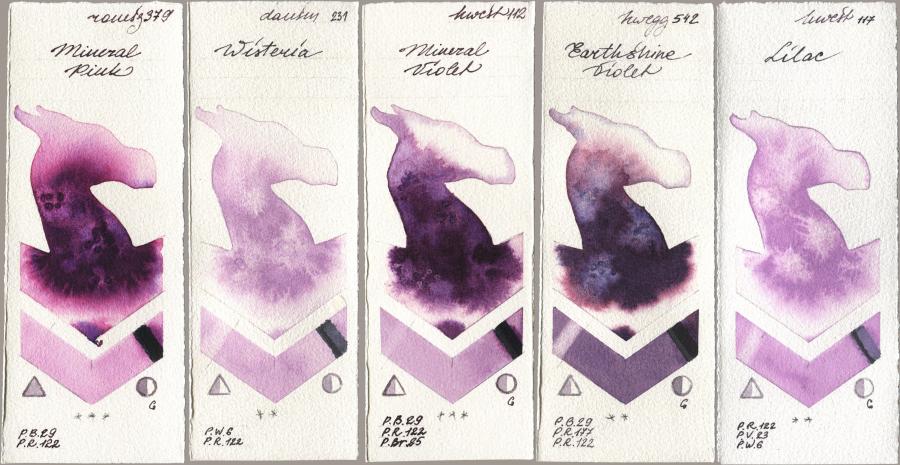 Roman Szmal Aquarius 379 Mineral Pink, Daniel Smith 231 Wisteria, Holbein Artists Watercolor 112 Mineral Violet, 542 Earthshine Violet, 117 Lil watercolor swatch