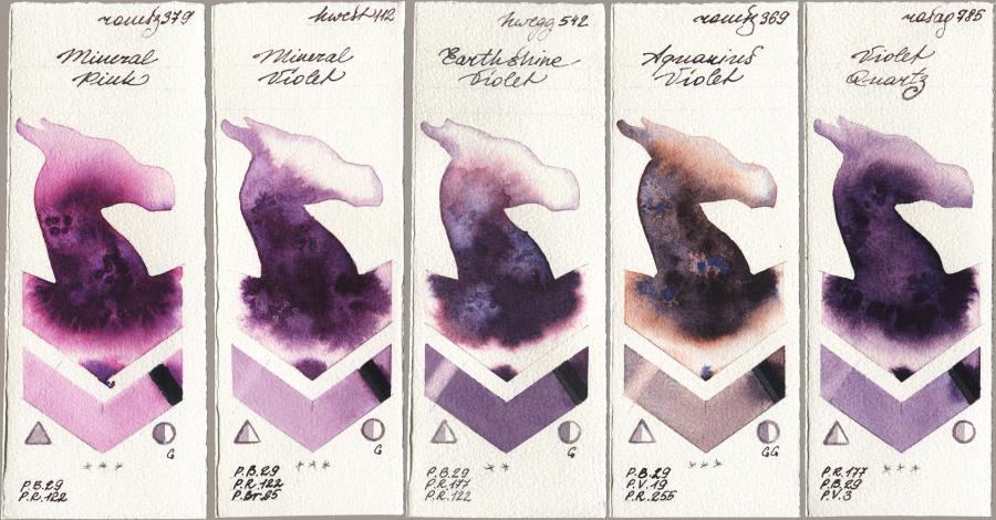 Roman Szmal Aquarius 379 Mineral Pink, Holbein Artists Watercolor 112 Mineral Violet, 542 Earthshine Violet, 369 Aquarius Violet, Rosa Gallery 785 Violet Quar watercolor swatch