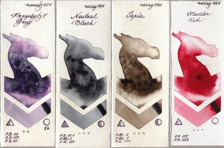 Roman Szmal Aquarius 401 Przybyszs Grey vs Rosa Gallery 724 Neutral Black vs 720 Sepia vs 725 Madder Red watercolor swatch