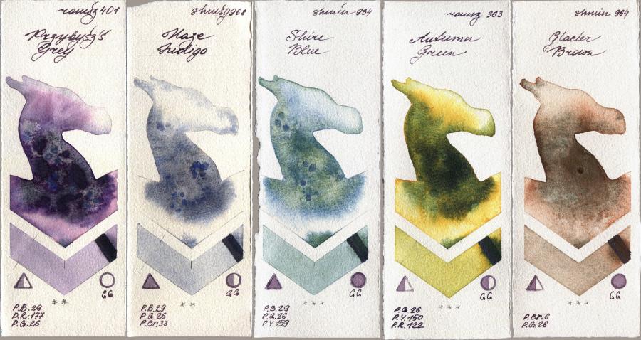 Roman Szmal Aquarius 401 Przybyszs Grey vs Shminke Horadam Aquarell 968 Haze Indigo vs 934 Shire Blue vs 363 Autumn Green vs 964 Glacier Brown watercolor swatch