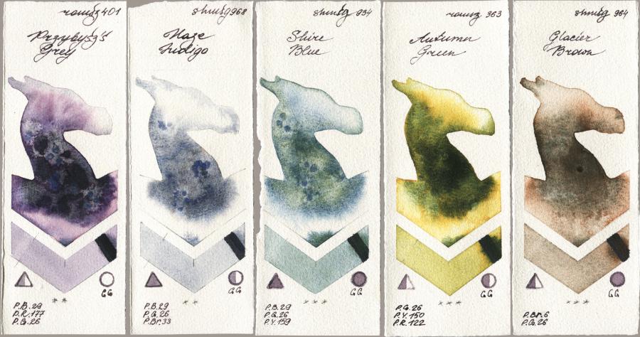 Roman Szmal Aquarius 401 Przybyszs Grey vs Shminke Horadam Aquarell 968 Haze Indigo vs 934 Shire Blue vs 363 Autumn Green vs 964 Glacier Brown watercolor swatch