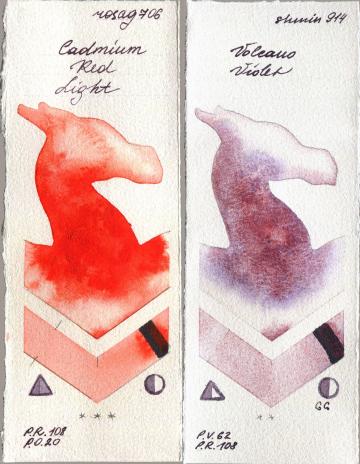 Rosa Gallery 706 Cadmium Red Light vs Shminke Horadam Aquarell 914 Volcano Violet watercolor swatch
